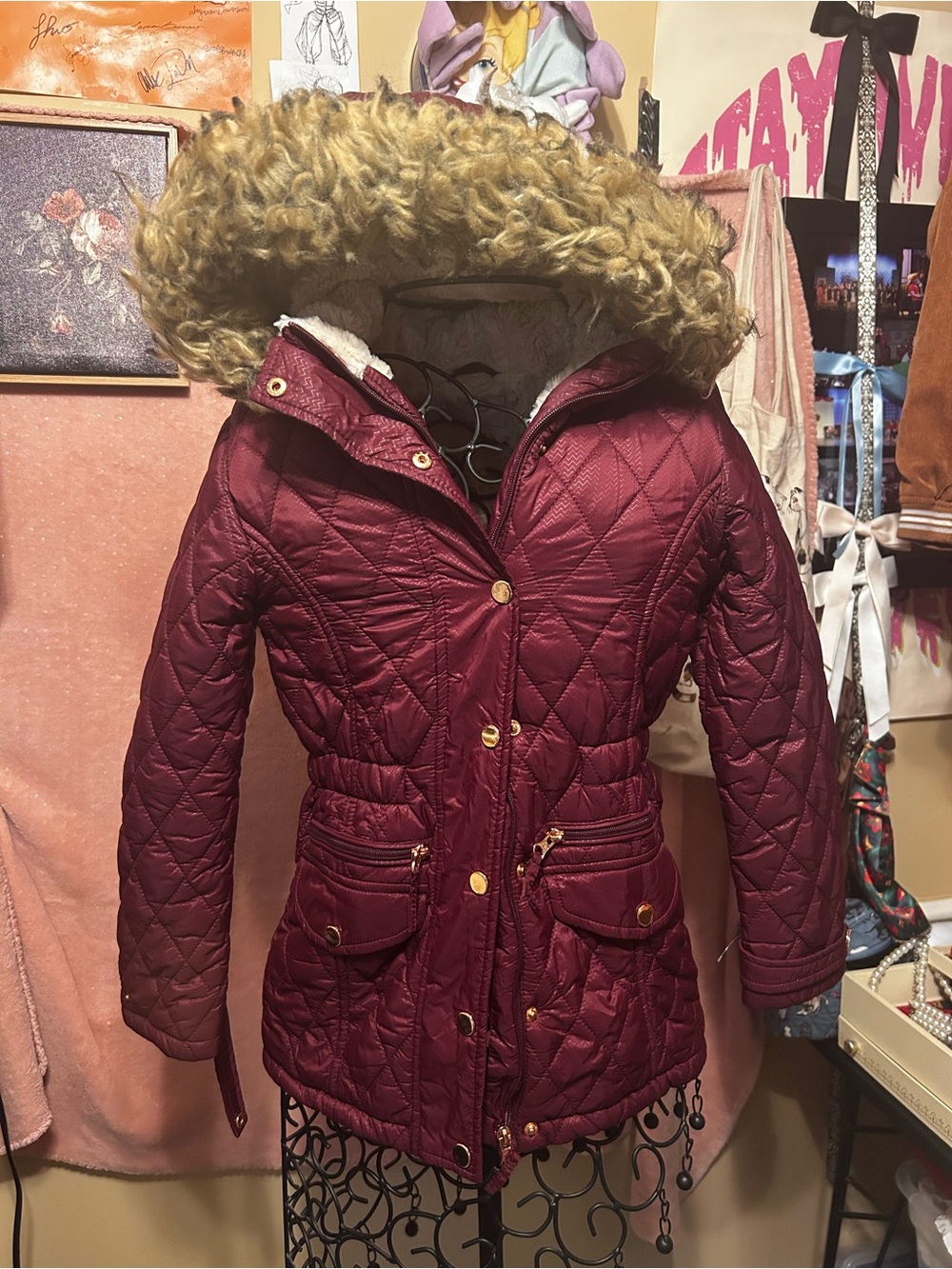 SO Burgundy Quilted Hooded Puffer Coat with Faux Fur Trim
